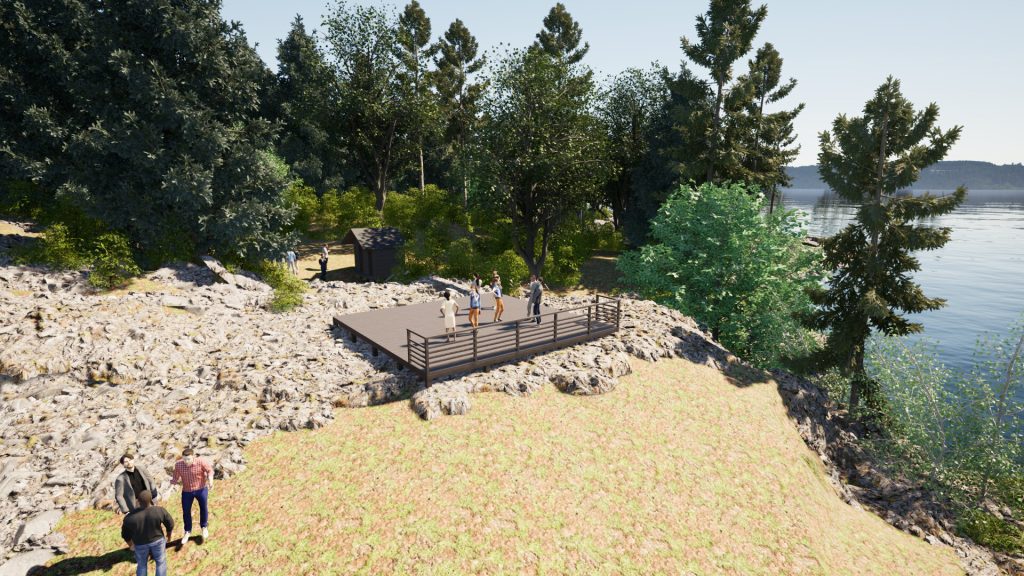 Havainnekuva Karhusaareen uuden laiturin läheisyyteen suunnitellusta terassista